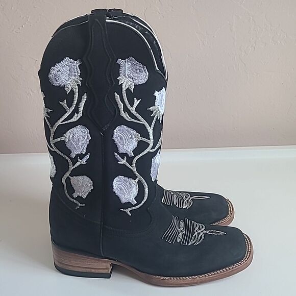 White Diamond Black Nubuck Leather White Flowers Square Toe Rodeo Boot Size 6.5 - Picture 6 of 16